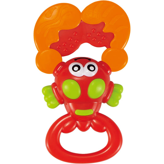 Red and green baby rattle with orange teething ring handles and large eyes