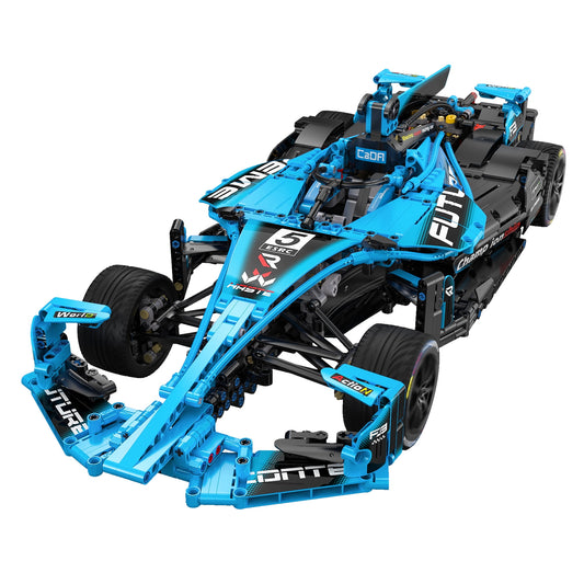 Blue and black electric formula race car building model with detailed chassis, black tires, and articulated parts on plain background