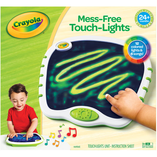 Crayola Mess-Free Touch-Lights doodle board with glowing yellow and green lines on dark screen, modeled by a child in red shirt; features 12 colored lights and