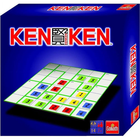 Ken Ken puzzle board game box showing grid with colored numbered tiles on blue packaging