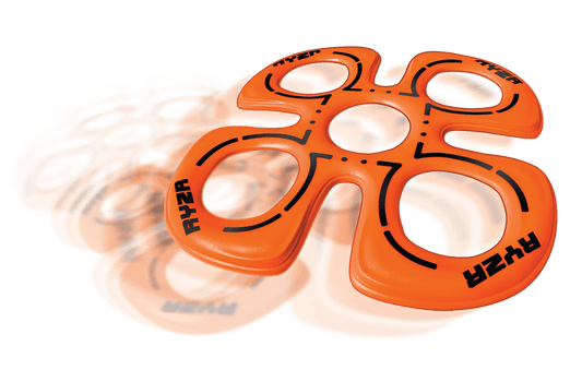 Orange Aeroflyt Ryzr flying disc with black curved line designs and oval cutouts, shown on plain background