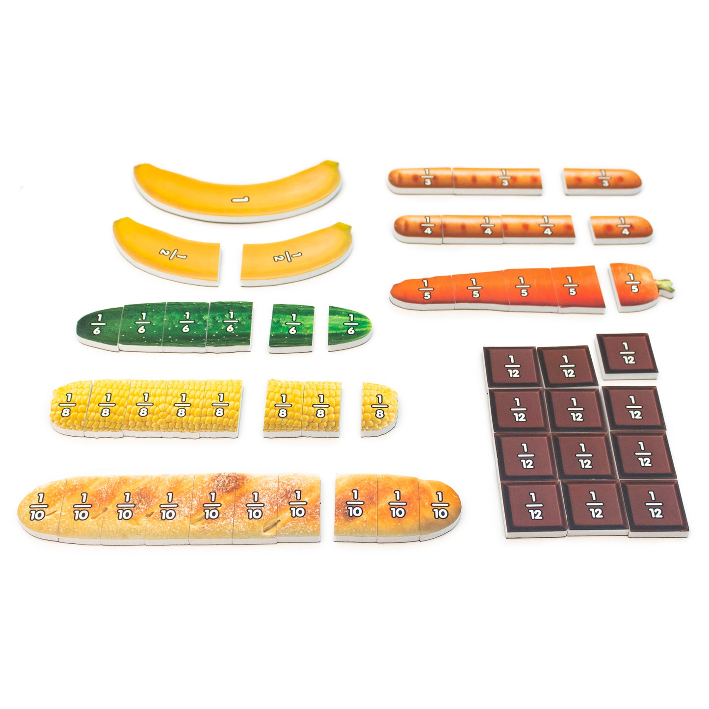 Junior Learning Food Fractions Set with colorful banana, carrot, corn, bread and chocolate pieces showing fraction di...