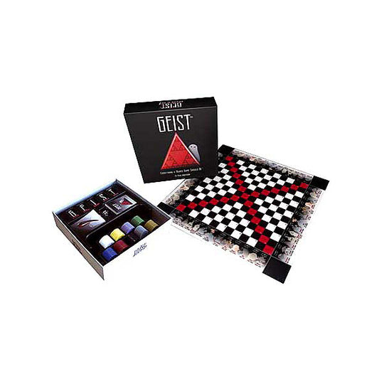 Geist board game with black box, checkered game board with red and white pieces, and open component tray showing colored tokens and game cards