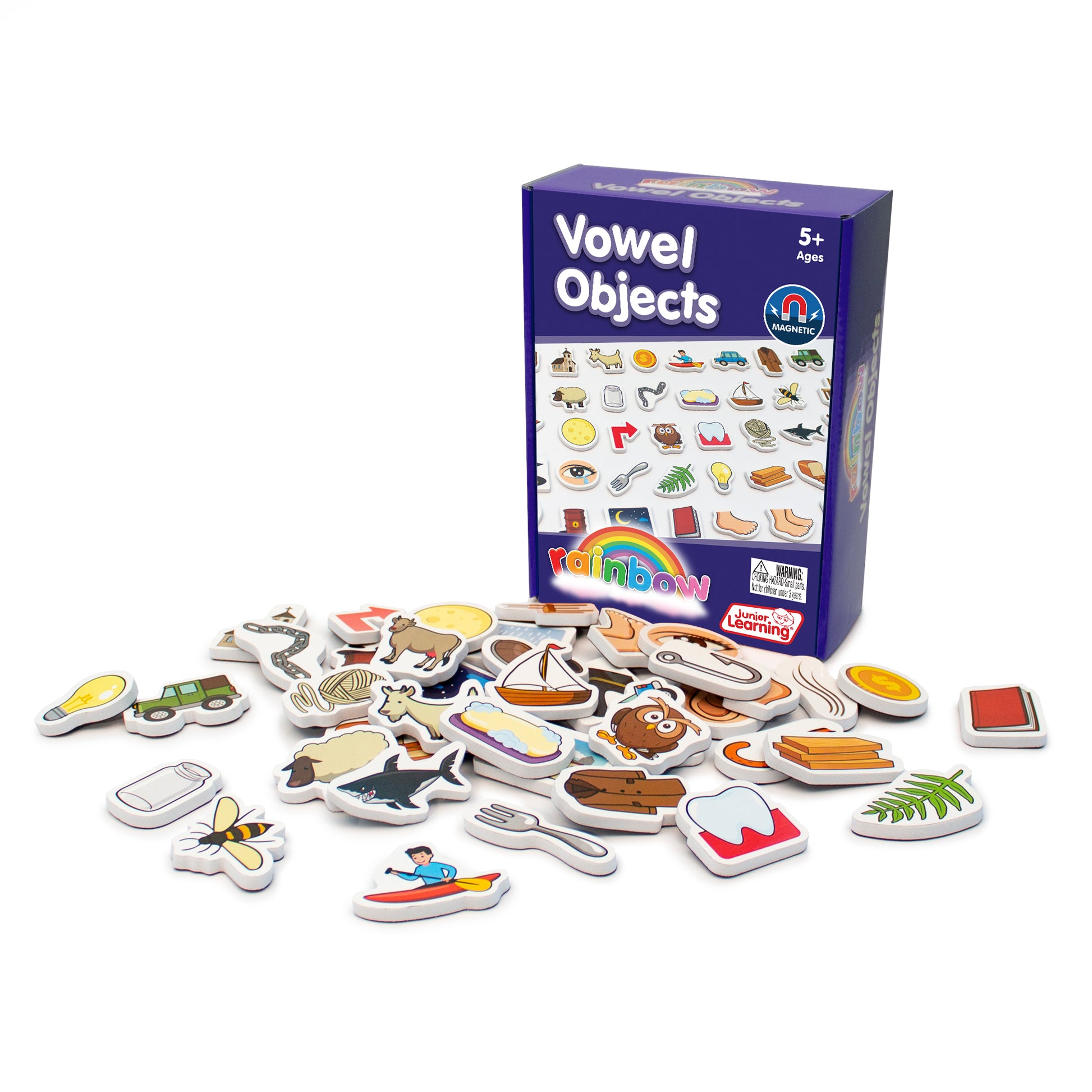 Junior Learning Vowel Objects magnetic foam set with colorful educational pieces and purple box