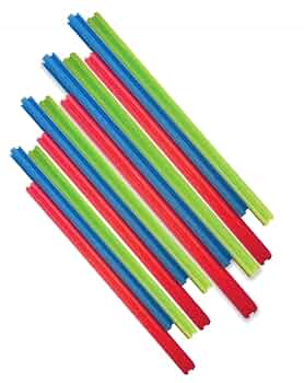 12 colorful interlocking pool noodles in blue, green, red, and yellow arranged in diagonal rows