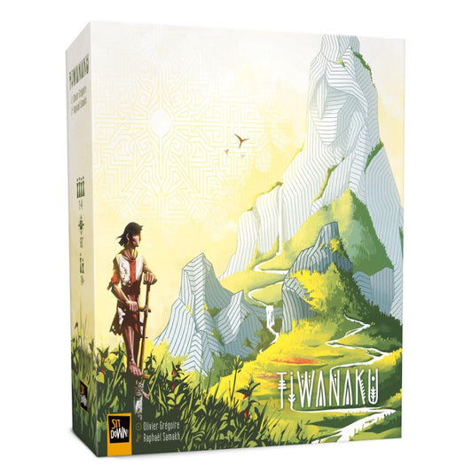 Tiwanaku board game box featuring illustrated character with staff standing before towering mountain landscape with green valleys and yellow pathways