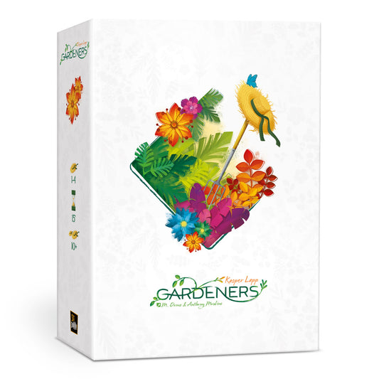Gardeners board game box featuring colorful illustrated flowers, leaves, and a yellow bird with blue butterfly on white background