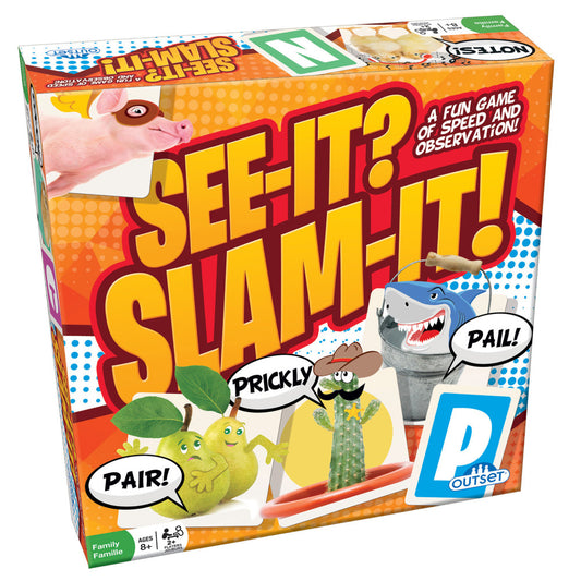 See-It? Slam-It! board game box featuring pink pig, prickly pear, bee, cactus, and shark characters with speech bubbles, orange dotted background, Outset Media