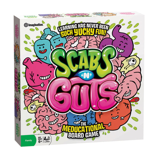 Scabs 'N' Guts The Medicational Board Game box featuring colorful cartoon brain and organ characters with text 'Learning has never been such yucky fun'