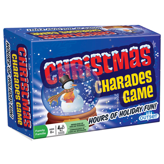 Christmas Charades Game box featuring a snow globe with snowman, blue winter background with snowflakes, for ages 8+, 4+ players, by Outset Media