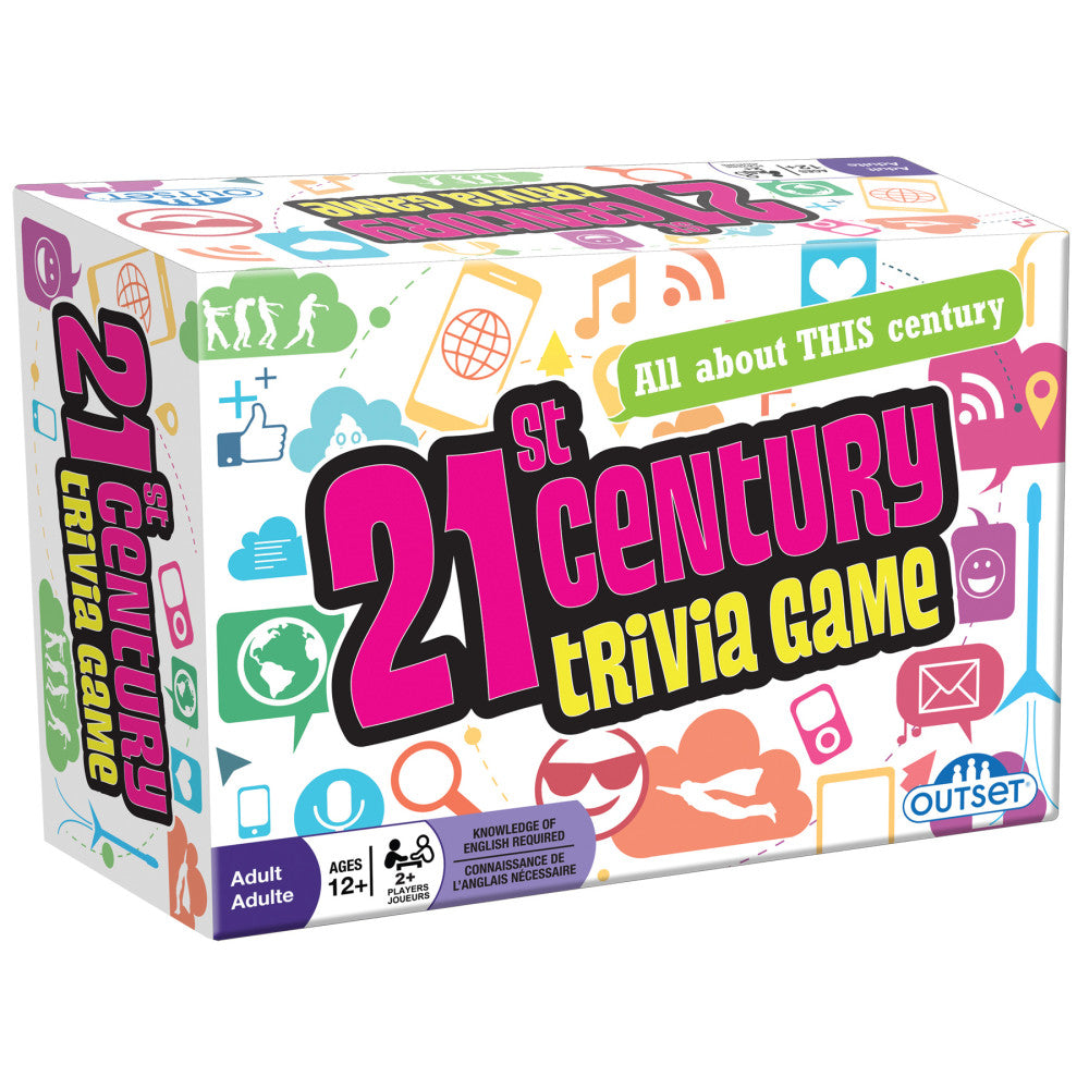 21st Century Trivia Game box by Outset Media featuring bright pink, yellow, and blue text with internet and social media icons on white background, rated for ag