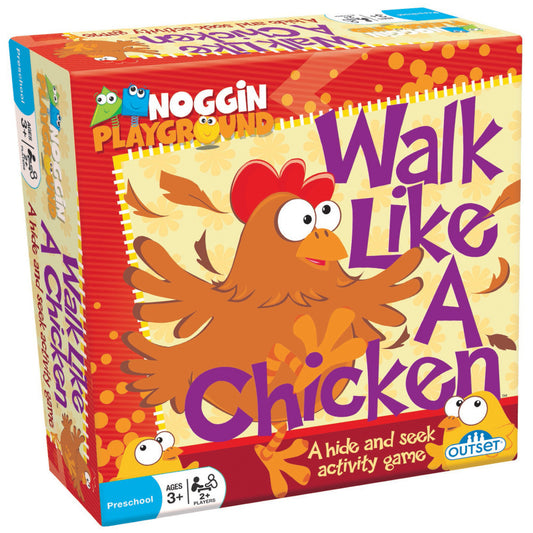 Walk Like A Chicken Noggin Playground hide-and-seek activity game box featuring an orange cartoon chicken with a red comb, ages 3+, for 2+ players