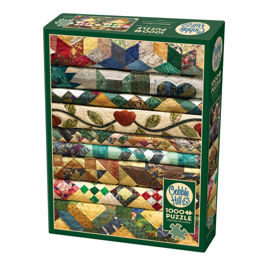 Cobble Hill 1000 piece jigsaw puzzle box featuring colorful patchwork quilts with geometric and floral fabric patterns in green, red, blue, and cream tones