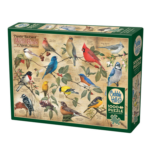 Cobble Hill 1000-piece puzzle box featuring illustrated North American backyard birds including cardinals, blue jays, and woodpeckers on branches with berries a