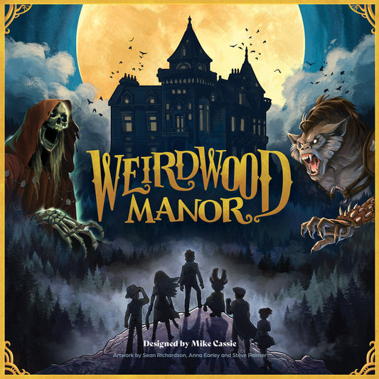 Weirdwood Manor board game box art featuring a haunted castle under a full moon, with silhouettes of children in a misty forest below and gothic characters flan