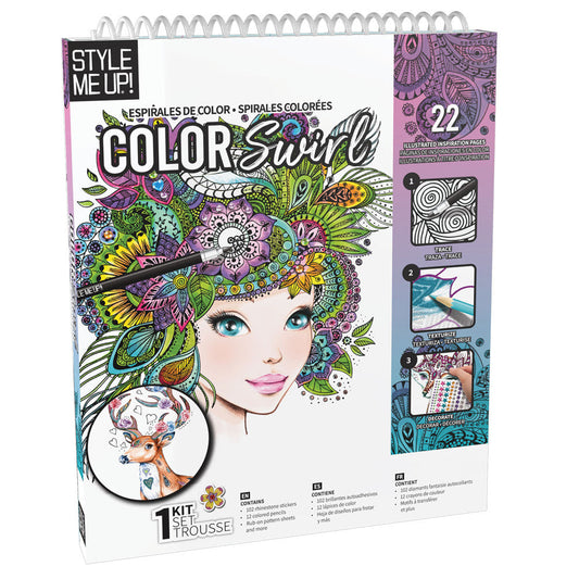 Style Me Up Color Swirl spiral coloring kit with illustrated female face surrounded by decorative floral and geometric patterns, includes 22 inspiration pages,
