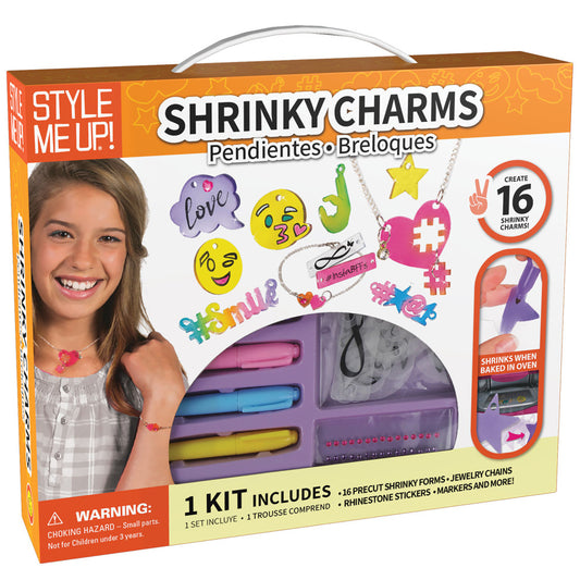 Style Me Up Shrinky Charms Creative Crafting Kit box showing a child modeled wearing a shrinky charm bracelet, with product contents including precut charm form