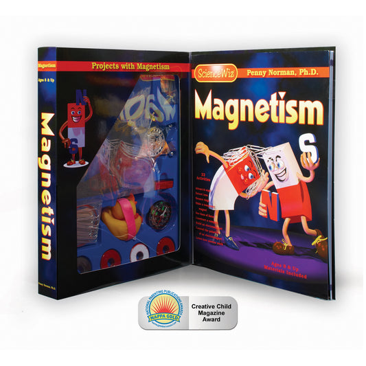 ScienceWiz Magnetism Exploration Kit box open showing educational materials and magnetic experiments inside, with cartoon characters and blue background