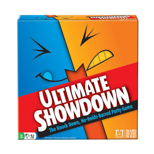 Ultimate Showdown board game box with blue and orange cartoon faces, red banner with white text, tagline 'the Knock Down, No-Holds-Barred Party Game'