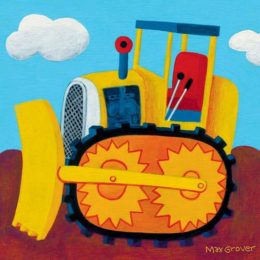 Colorful painted canvas art of a yellow bulldozer with red blade and blue cab against blue sky with white clouds and brown ground
