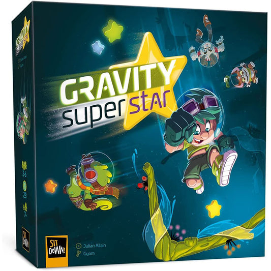Gravity Superstar board game box featuring a yellow star logo, cartoon characters in space gear, and colorful spacecraft on a teal background