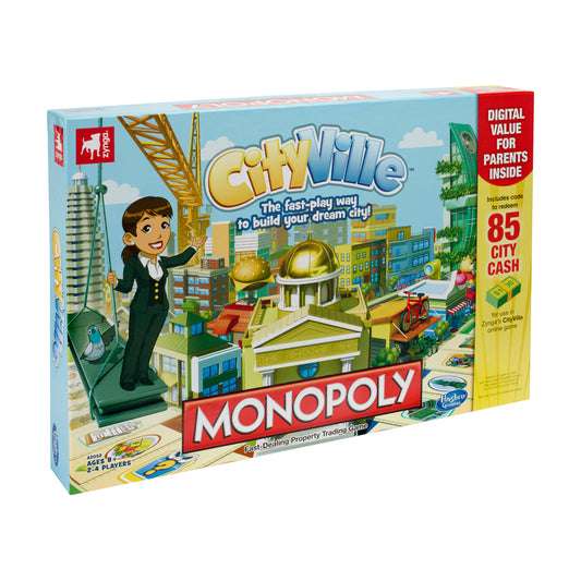 CityVille Monopoly board game box showing cityscape with cartoon businesswoman, golden globe landmark, and buildings. Includes 85 City Cash digital code.