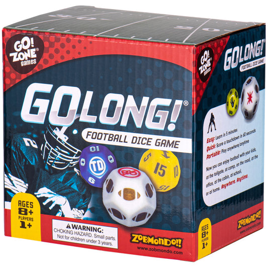 GoLong! Football Dice Game box by Zobmondo showing colorful polyhedral dice, a white soccer ball die, and purple numbered die against dark blue and red packagin