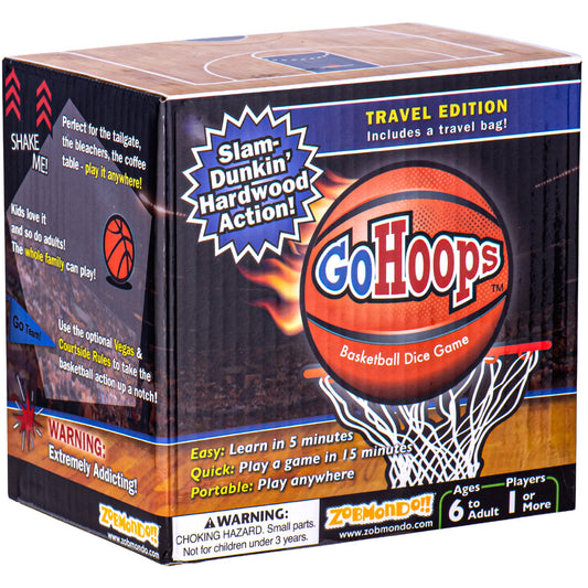 GoHoops Basketball Dice Game box showing orange basketball above white net, with text 'Slam Dunkin' Hardwood Action' and 'Travel Edition' label