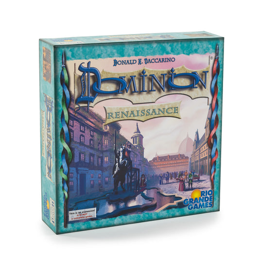 Dominion: Renaissance Expansion board game box by Rio Grande Games, featuring Renaissance-era cityscape artwork with buildings, figures, and water