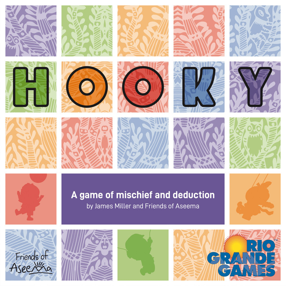 Hooky board game box showing colorful letter tiles spelling H-O-O-K-Y on patterned backgrounds, with game description and Rio Grande Games logo
