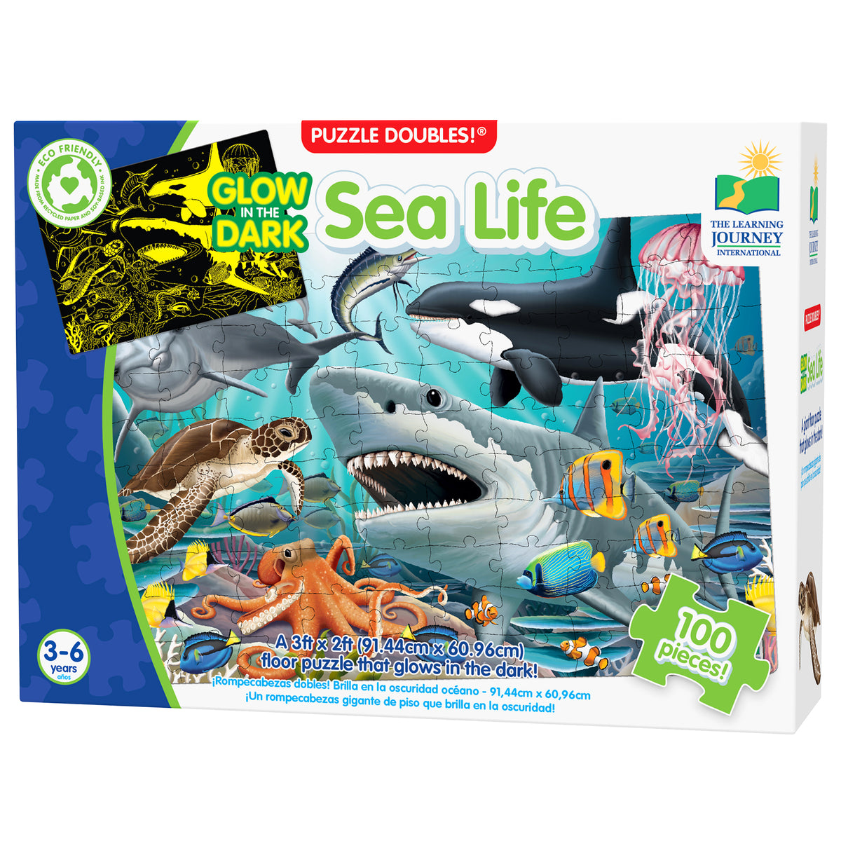 Puzzle Doubles Sea Life 100-piece glow-in-the-dark floor puzzle featuring sharks, whales, jellyfish and ocean animals