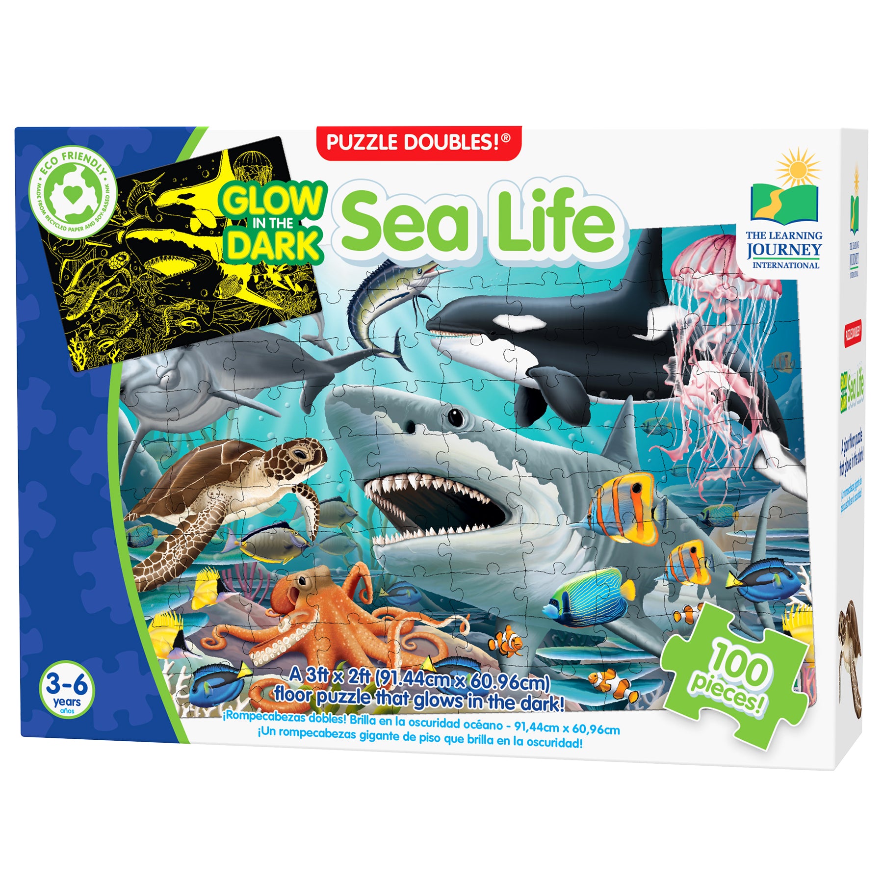 Puzzle Doubles Sea Life 100-piece glow-in-the-dark floor puzzle featuring sharks, whales, jellyfish and ocean animals