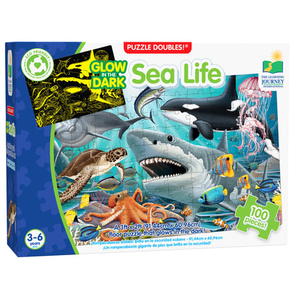 Puzzle Doubles Sea Life Glow-in-the-Dark 100-Piece Floor Puzzle featuring sharks, whales, jellyfish and ocean animals