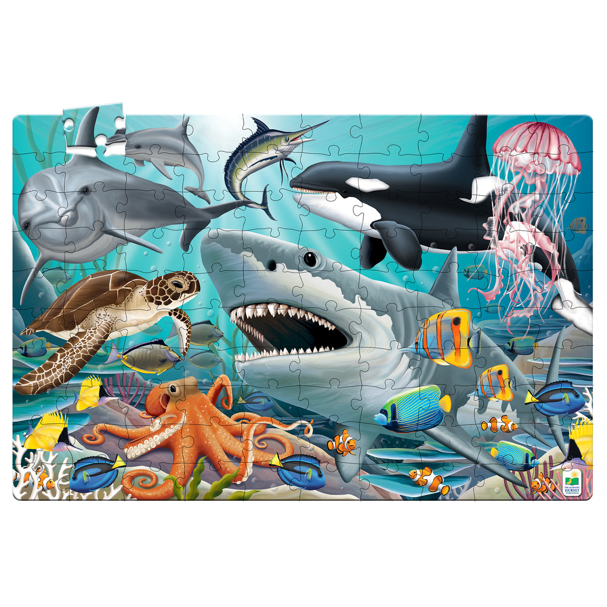 Puzzle Doubles Sea Life Glow-in-the-Dark 100-Piece Floor Puzzle featuring sharks, dolphins, jellyfish, and colorful fish