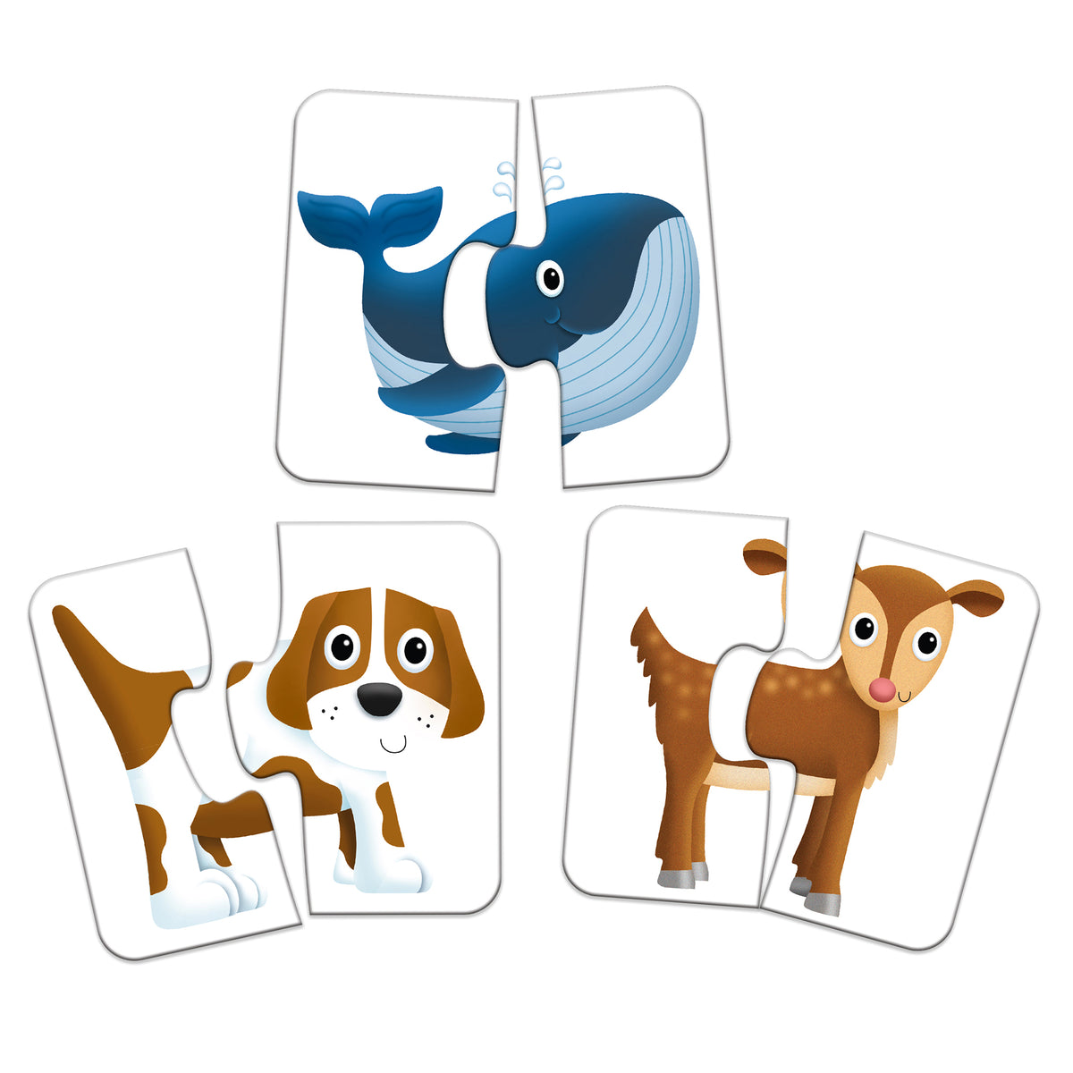 Match It! Head & Tails Animal Puzzle Cards showing blue whale, brown dog, and goat matching game pieces