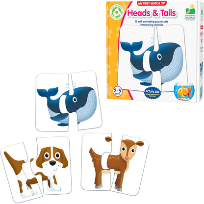Heads & Tails self-correcting puzzle cards featuring blue whale and brown dog animal matching game for toddlers