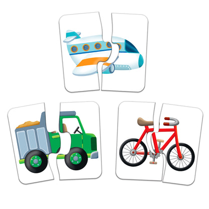 Match It! Things That Go puzzle cards featuring airplane, truck, and bicycle matching game pieces