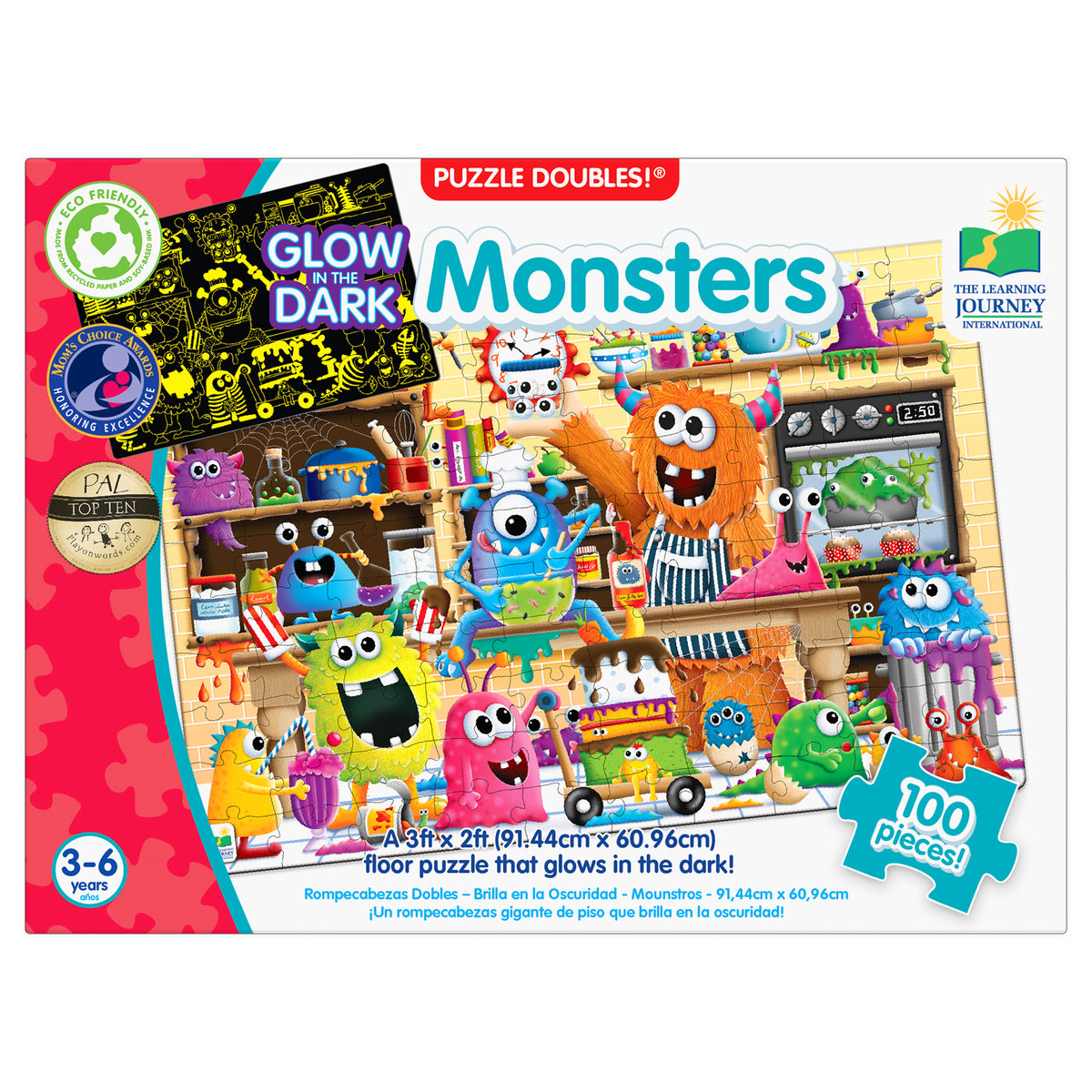 Monsters Puzzle Doubles 100-piece glow-in-the-dark floor puzzle with colorful monsters