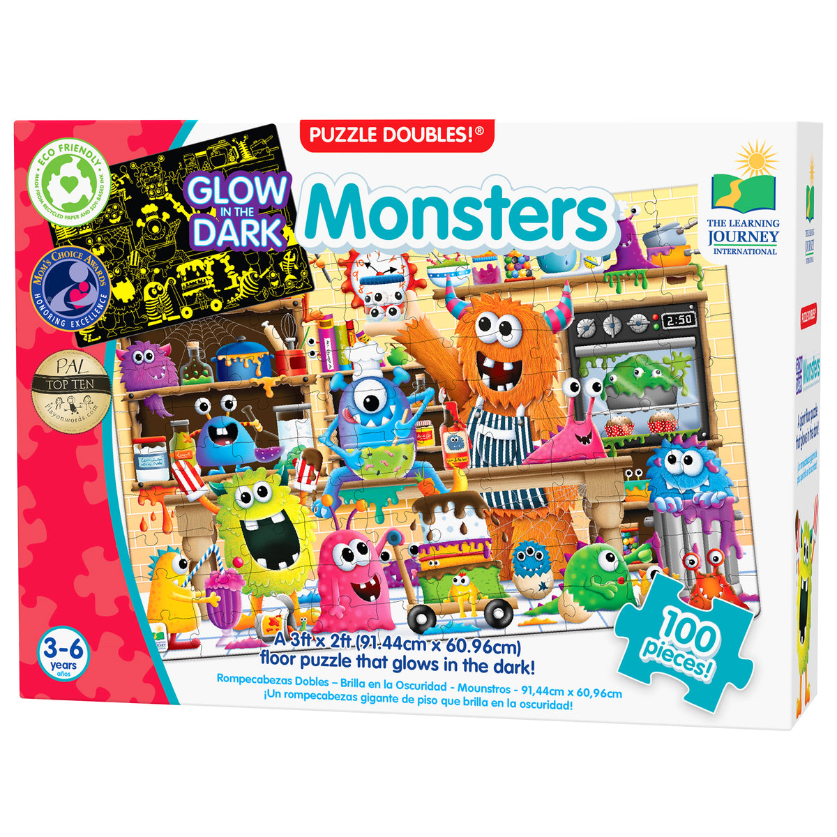 Puzzle Doubles Monsters 100-piece glow-in-the-dark floor puzzle with colorful monsters and toys