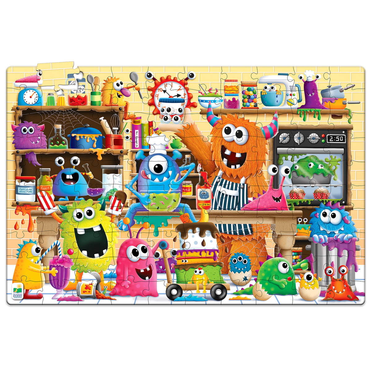 Monsters Puzzle Doubles Glow-In-The-Dark 100-Piece Floor Puzzle with colorful monsters in kitchen scene