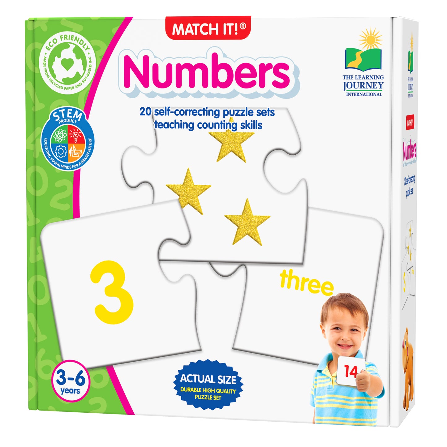 MATCH IT Numbers puzzle game with 3 stars and number 3, eco-friendly STEM toy for ages 3-6