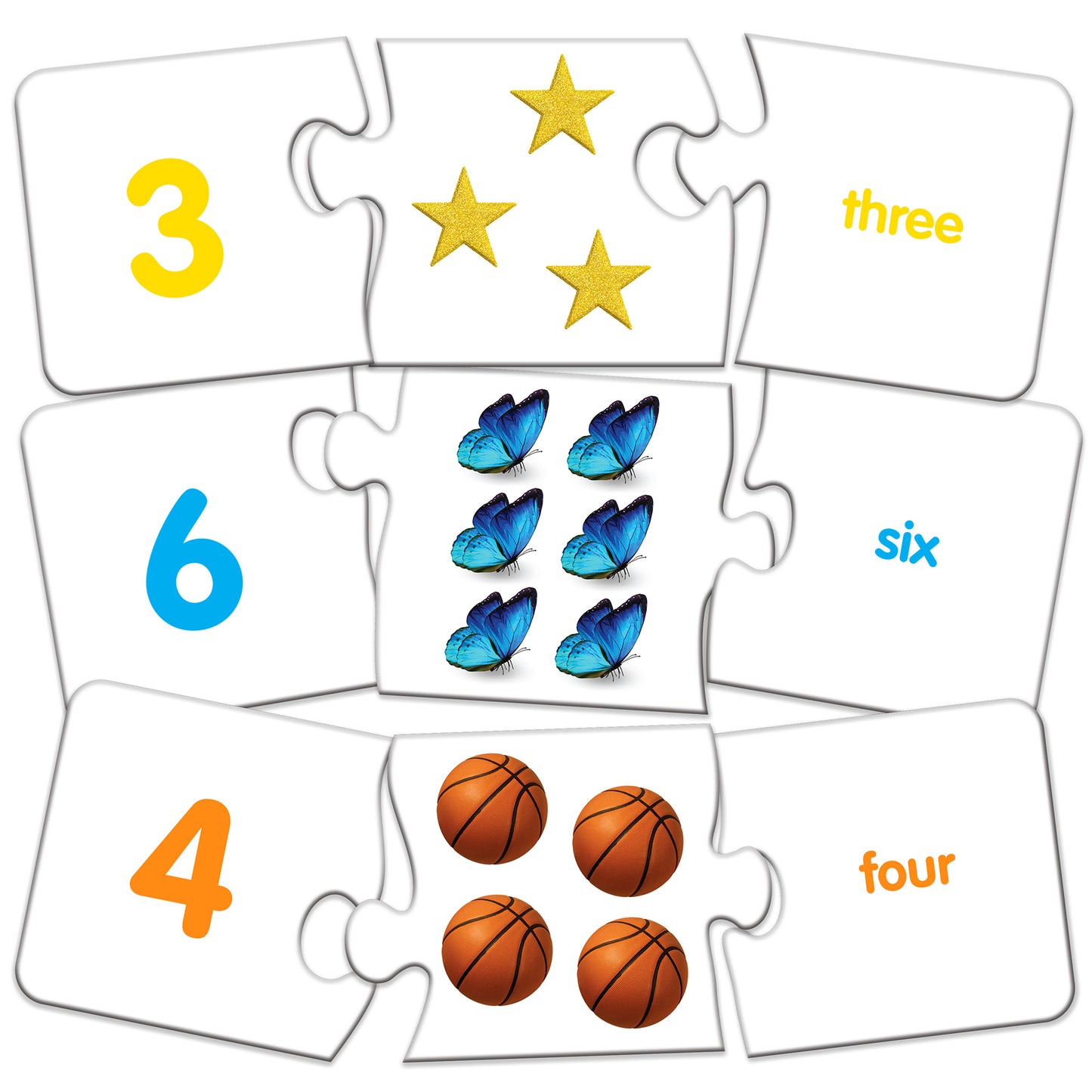 Match It Numbers puzzle game with number tiles, stars, butterflies, and basketballs in yellow, blue, and orange