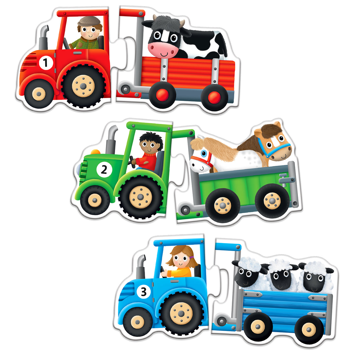 Match It! Tractors & Trailers Matching Puzzle Cards featuring red, green, and blue tractors with farm animals