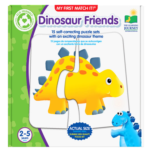 Dinosaur Friends Match It self-correcting puzzle set with yellow triceratops and blue dinosaur, 15 puzzle pairs for a...