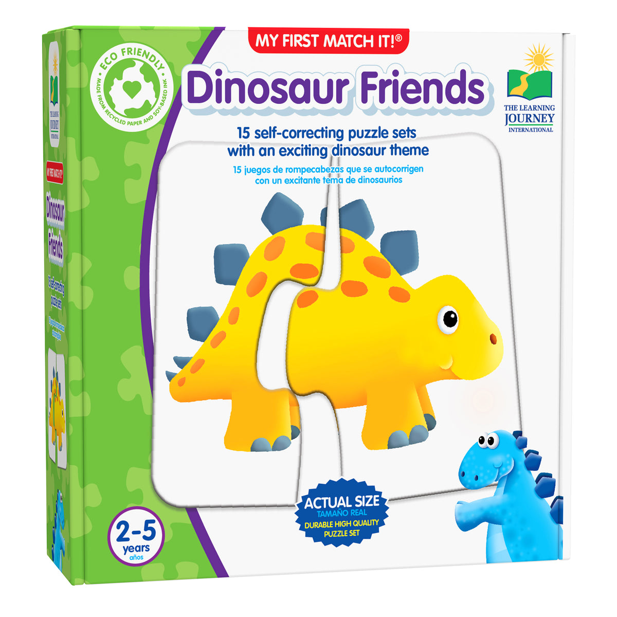Dinosaur Friends Match It self-correcting puzzle set with yellow triceratops and blue dinosaur pieces for ages 2-5