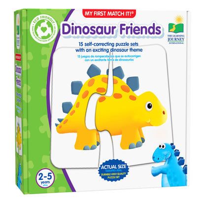 Dinosaur Friends Match It self-correcting puzzle set with yellow triceratops and blue dinosaur pieces for ages 2-5