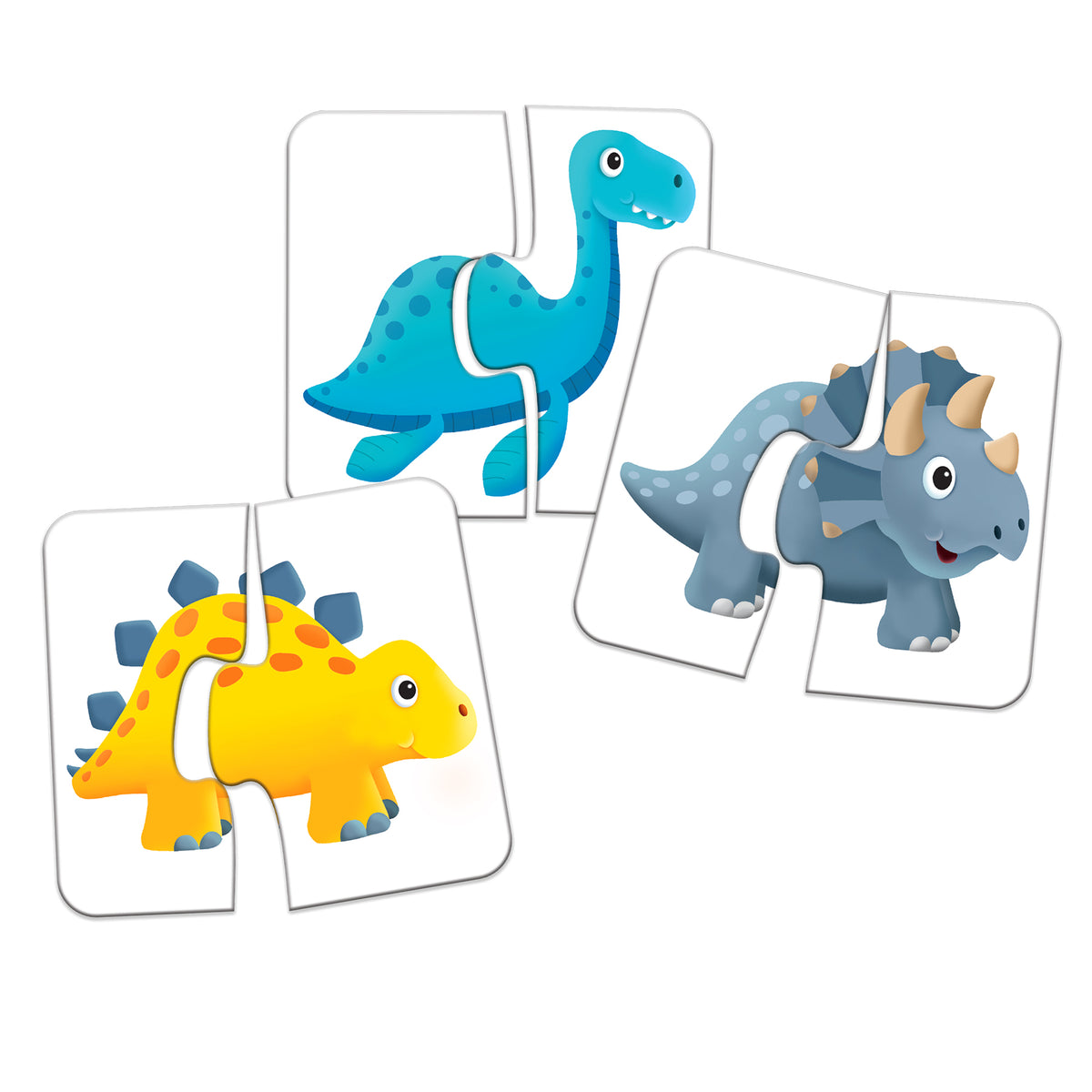 Dinosaur Friends Match It Self-Correcting Puzzle Cards showing blue, gray, and yellow dinosaurs