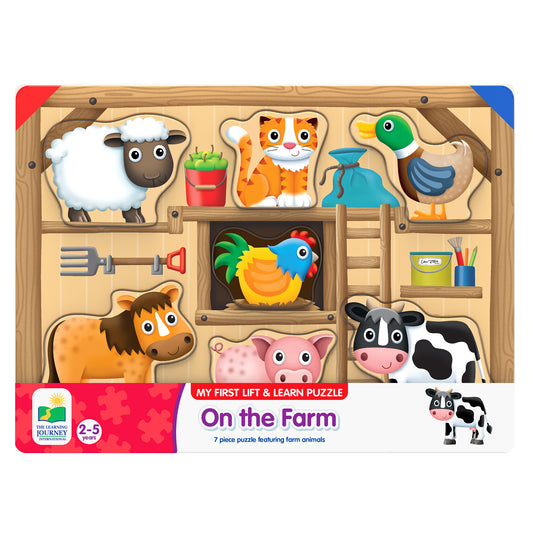 On The Farm Lift & Learn 7-Piece Puzzle with colorful farm animals including cow, sheep, cat, and chicken