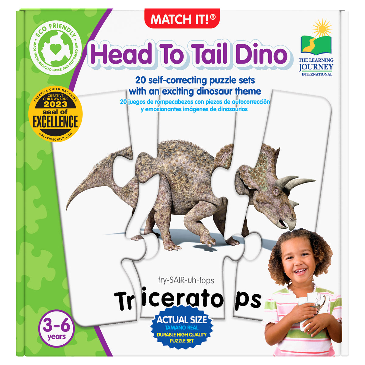 Head To Tail Dino Match It puzzle set featuring Triceratops dinosaur puzzle with self-correcting pieces for ages 3-6