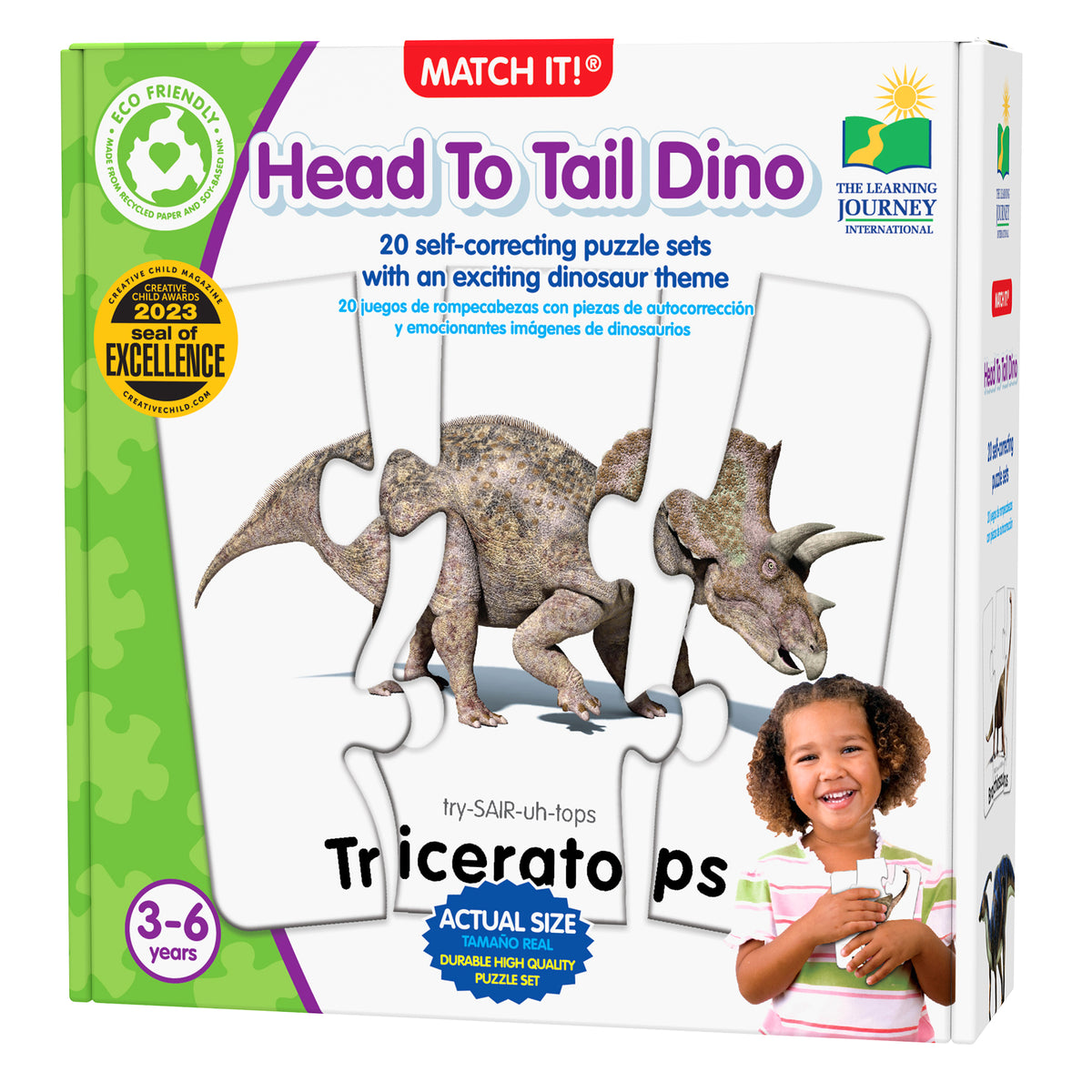 Head To Tail Dino Match It puzzle set with Triceratops dinosaur puzzle piece shown, eco-friendly educational toy for ...